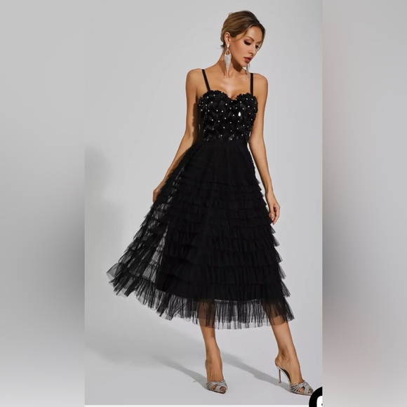 New Black Sequined Slip Party Cocktail Classy  Ruffled Dress size S - Picture 6 of 6